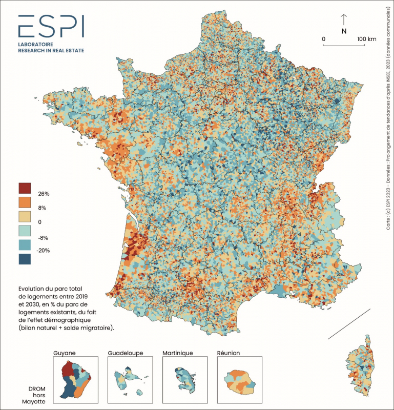 Carte 1. Besoins en logements liés à l’effet démographique sur la période 2019-2030 selon le scénario B (en % du parc de logements de 2019)