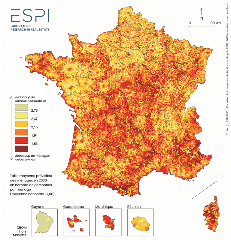 Carte 2. Projection de la taille moyenne des ménages pour 2030 (selon le scénario B)