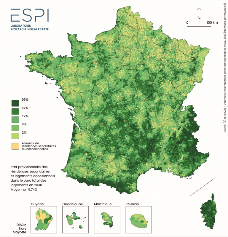 Carte 4. Projection du stock de résidences secondaires et occasionnelles pour 2030 selon le scénario B (en % du parc de logements de 2030)