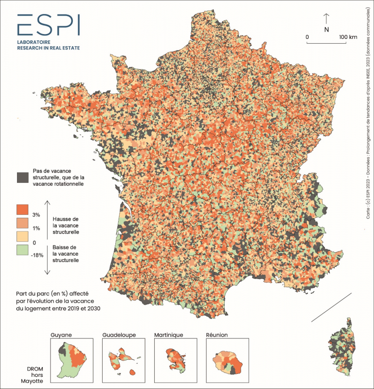 Carte 5. Besoins dus au prélèvement du stock de logements lié à la variation des logements vacants sur la période 2019-2030 selon le scénario B (en % du parc de logements de 2019)