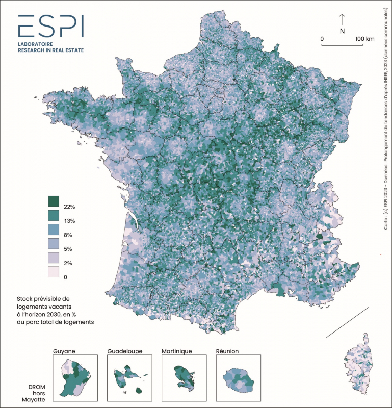 Carte 6. Projection du stock de logements vacants pour 2030 selon le scénario B (en % du parc de logements de 2030)