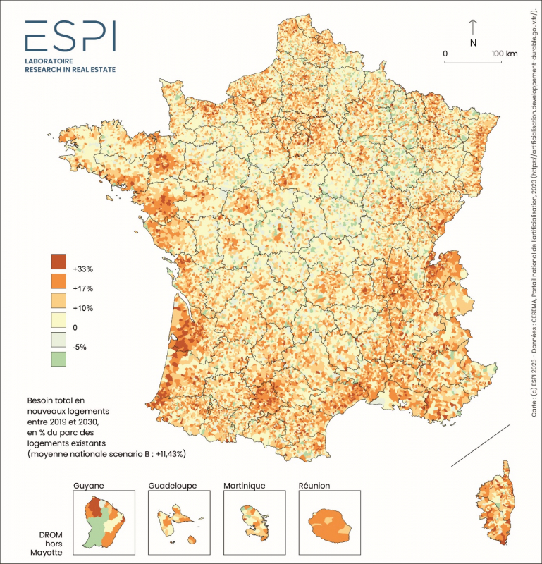 Carte 7. Besoins en logements sur la période 2019-2030 selon le scénario B (en % du parc de logements de 2019)