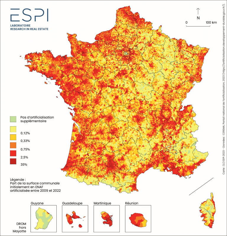 Carte 1. Taux d’artificialisation nouvelle d’ENAF entre 2009 et 2022, en proportion de la surface de chaque commune