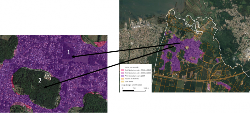 Figure 3. L’artificialisation depuis la BT Topo. Zoom sur deux zones de la commune du Teich avec un pas de dilatation de 100 mètres