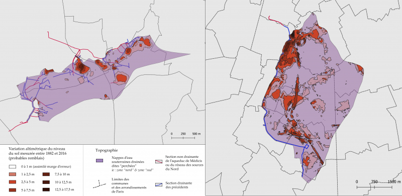 Figure 7. Mesure cartographique des remblais accumulés depuis le xixe siècle dans les zones « nord » et « sud »