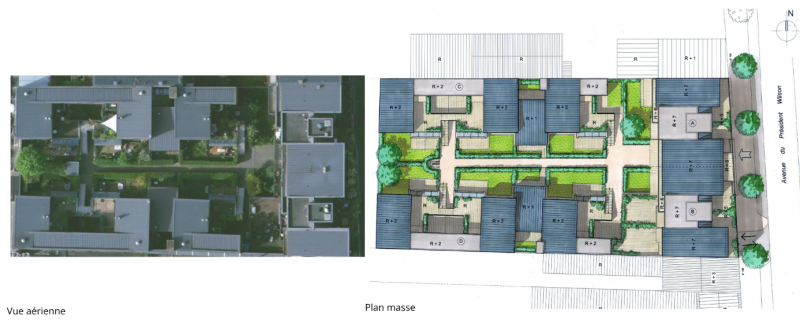 Figure 6. Projet du 191-193 avenue du président Wilson à Saint-Denis : vue aérienne et plan masse