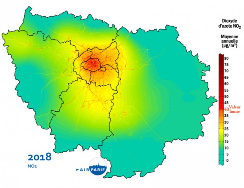 Figure 1. Carte des émissions de dioxyde d’azote en Île-de-France en 2018.