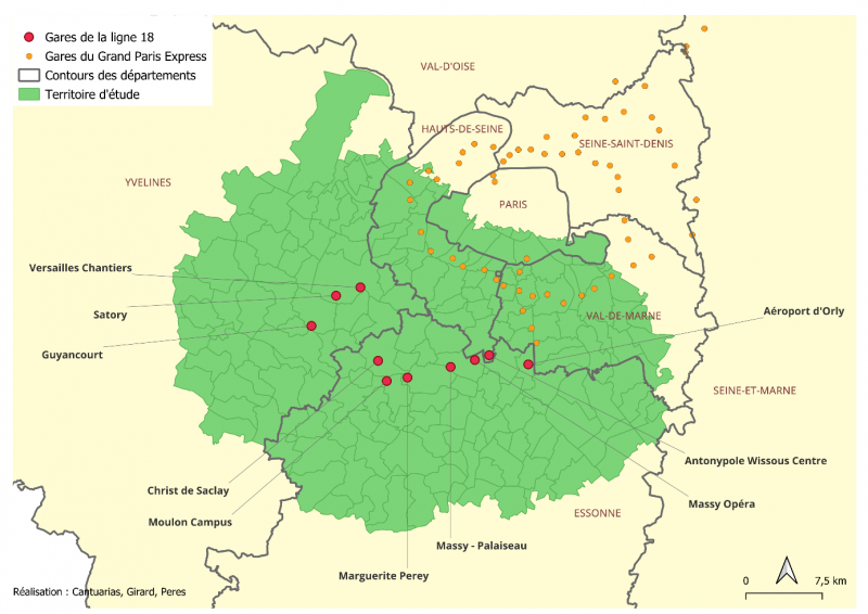 Figure 1. Périmètre de l’étude : 1 686 territoires autour des gares de la ligne 18 du GPE 