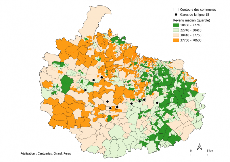 Figure 2. Revenu médian par IRIS et par unité de consommation en 2021 des territoires impactés par la ligne 18 du GPE
