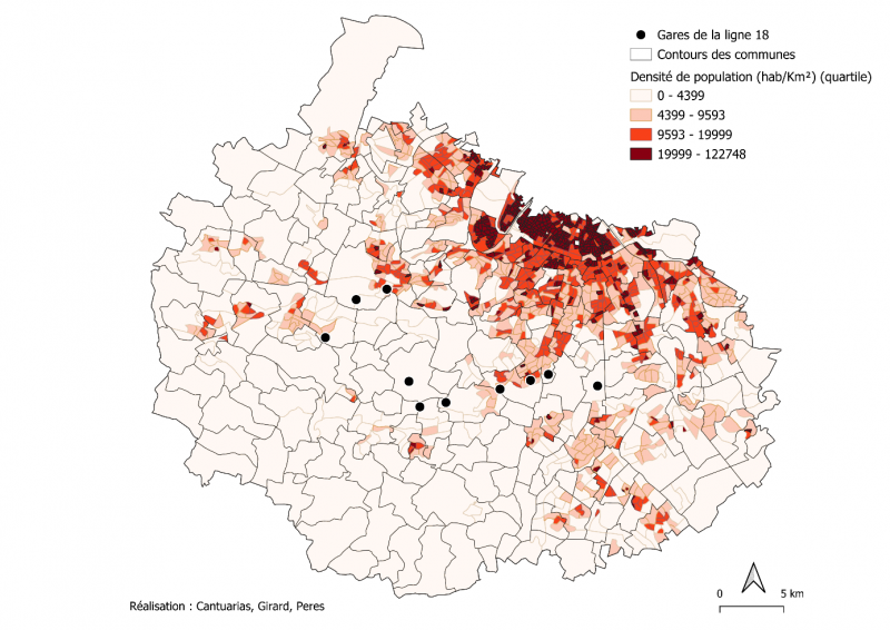 Figure 3. Densité de population (km2) des territoires impactés par la ligne 18 du GPE (échelle IRIS)
