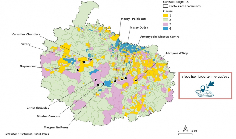 Figure 4. Classification des territoires impactés par la ligne 18 du GPE selon leur vitalité urbaine (échelle IRIS)