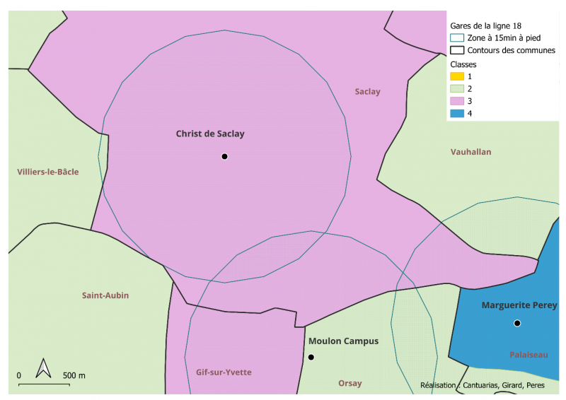 Figure 5(a). Classification des territoires situés à 15 minutes à pied de l’arrêt Christ de Saclay en fonction de leur niveau de vitalité urbaine