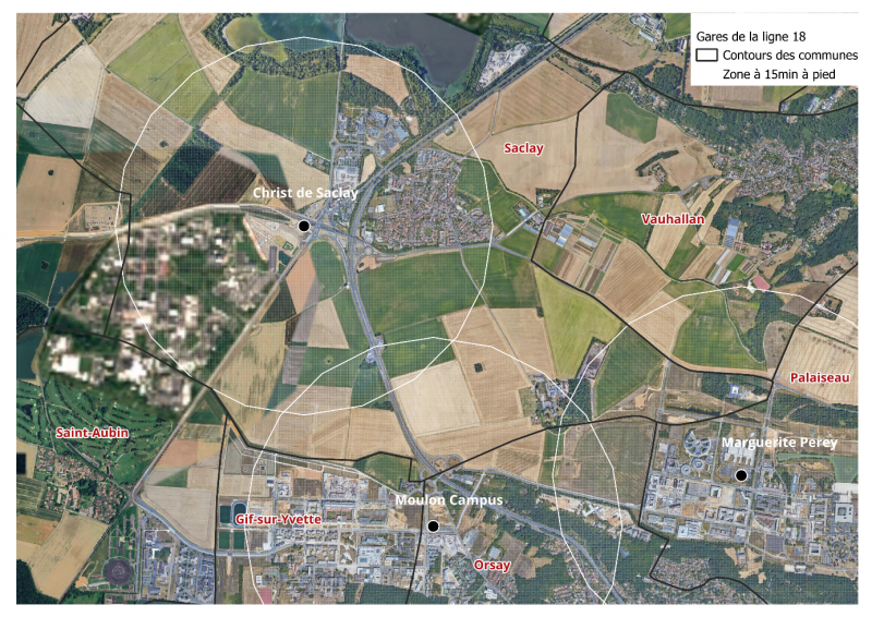 Figure 5(b). Zones à 15 minutes à pied de l’arrêt Christ de Saclay : vue aérienne