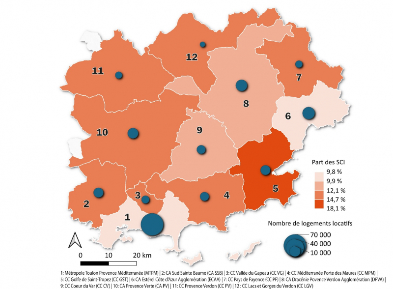 Figure 4. Part des propriétaires bailleurs en SCI et nombre total de logements locatifs privés selon l’EPCI