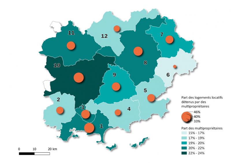 Figure 13. Part des logements locatifs privés détenus par des multipropriétaires et part des multipropriétaires selon l’EPCI