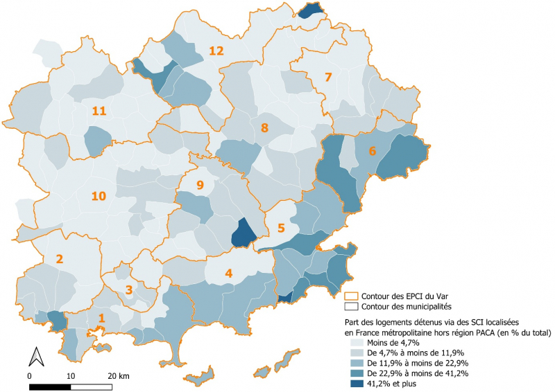 Figure 19. Part des logements locatifs privés détenus via des SCI localisées en France métropolitaine (hors région PACA) selon la commune