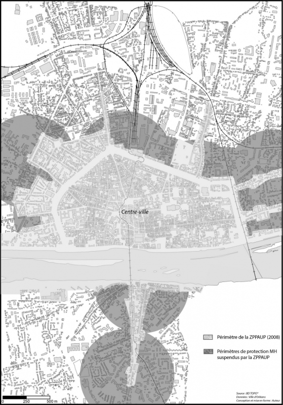Figure 3. Les périmètres de protection des Monuments historiques suspendus par la ZPPAUP à Orléans