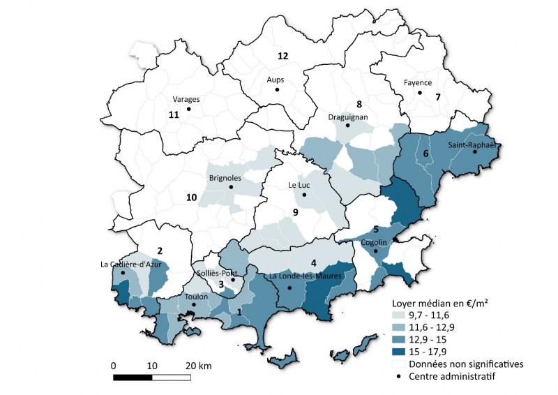 Figure 25. Carte des loyers médians selon la commune dans le Var