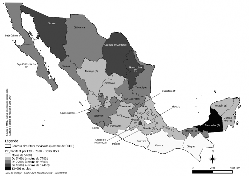 Figure 2. PIB par habitant (2020) des 79 CUM mexicains constituant la base de données des auteurs