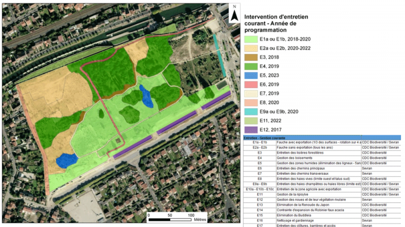 Figure 3. Localisation des travaux d’entretien courant sur la friche Kodak, en fonction de l’année de réalisation prévue.