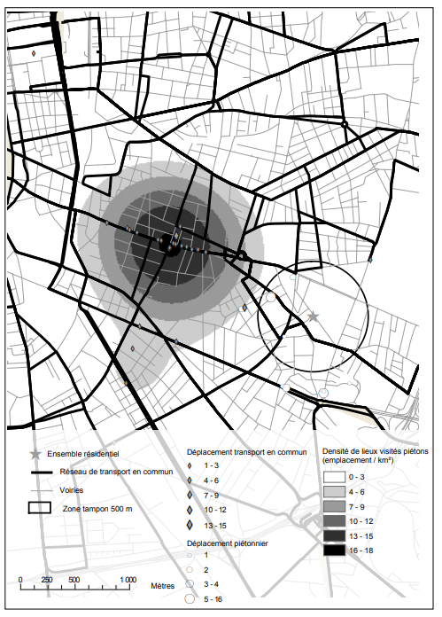 Figure 3. Densité et intensité des lieux visités par les résidentes de l’ensemble Laennec
