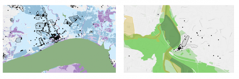 Figure 2. Comparative spatial visualization of the AGREE case studies in Moncalieri (left) and Hull (right), integrating multiple datasets related to flood risk, land use, and cultural heritage assets.