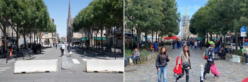 Figure 7. La place des Capucins à Bordeaux avant (2021) et après les aménagements (2024) 