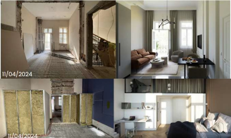 Figure 11. Photographies de chantier et rendu 3D d’un projet de location touristique à Nyar utca, Budapest