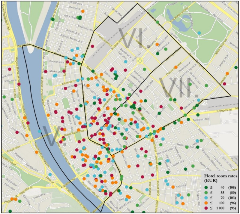 Distribution spatiale des hébergements touristiques à Budapest par catégorie de prix
