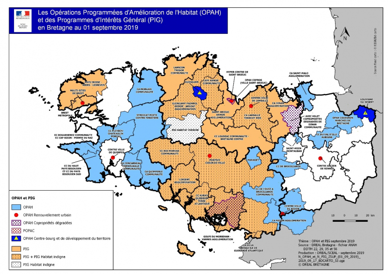 Figure 3. Carte des OPAH et des programmes d’intérêt général (PIG) en Bretagne en 2019.