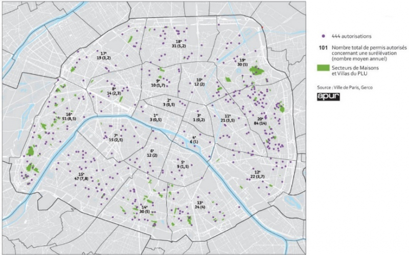 Figure 3. Surélévations autorisées par un PC à Paris de 2006 à 2011. 