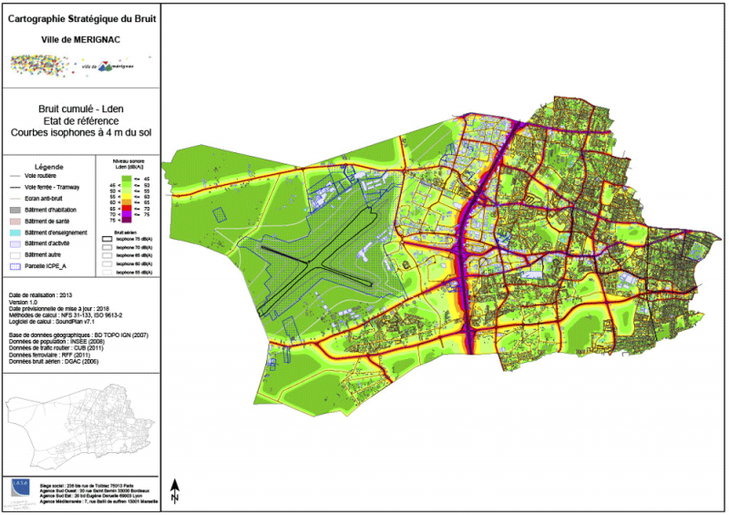 Figure 3. Carte stratégique du bruit (routier, ferroviaire, aérien) de la commune de Mérignac, 2013. 