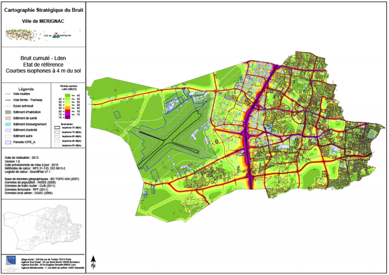 Figure 3. Carte stratégique du bruit (routier, ferroviaire, aérien) de la commune de Mérignac, 2013.