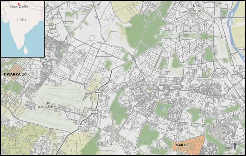 Figure 2. Les quartiers de Saket et Dwarka à Delhi, en Inde