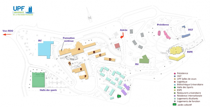 Figure 2. Plan de masse du campus d’Outumaoro et localisation du jardin collectif de la cité universitaire de l’UPF, dans la commune de Punaaui